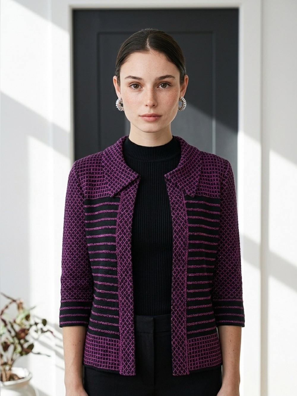 Ming Wang Black & Magenta Geometric Knit Open Front Jacket Cardigan